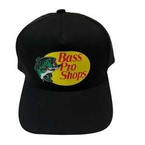 BASS PRO SHOPS BLACK TRUCKER MESH HAT LIKE NEW; PREOWNED NOT WORN SNAPBACK